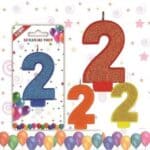 Lumânare tort 8cm colorată cu sclipici cifra 2