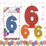 Lumânare tort 8cm colorată cu sclipici cifra 6