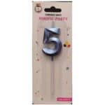 Lumânare tort, culoare albastru metalizat, 15 cm, cifra 5