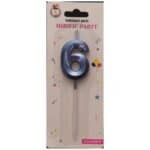 Lumânare tort, culoare albastru metalizat, 15 cm, cifra 6