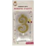 Lumânare tort auriu cu sclipici 6cm cifra 3