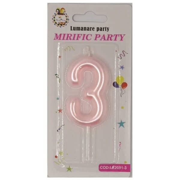 Lumânare tort roz 6 cm, cifra 3