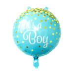 Balon folie rotund albastru cu mesajul "It's a Boy" și decor cu puncte aurii pentru evenimente de botez sau petreceri pentru băieți.