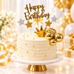 Set 13 Topper Tort Happy Birthday Auriu cu Coroniță și Steluțe